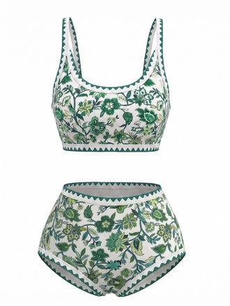 1950s Scoop Neck Floral High-Waist Bikini Set, vintage swimsuit, pin-up swimwear - perfect for women who love vintage and retro fashion