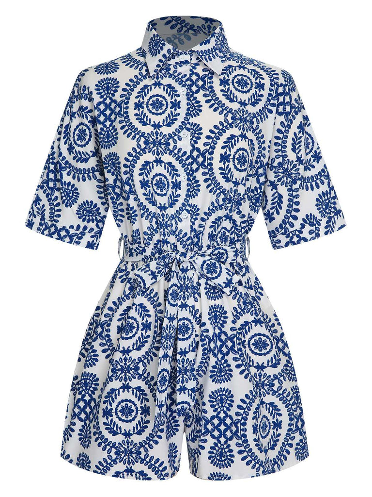 This 1950s Shirt Neck Print Belted Romper brings 1950s soul to her everyday