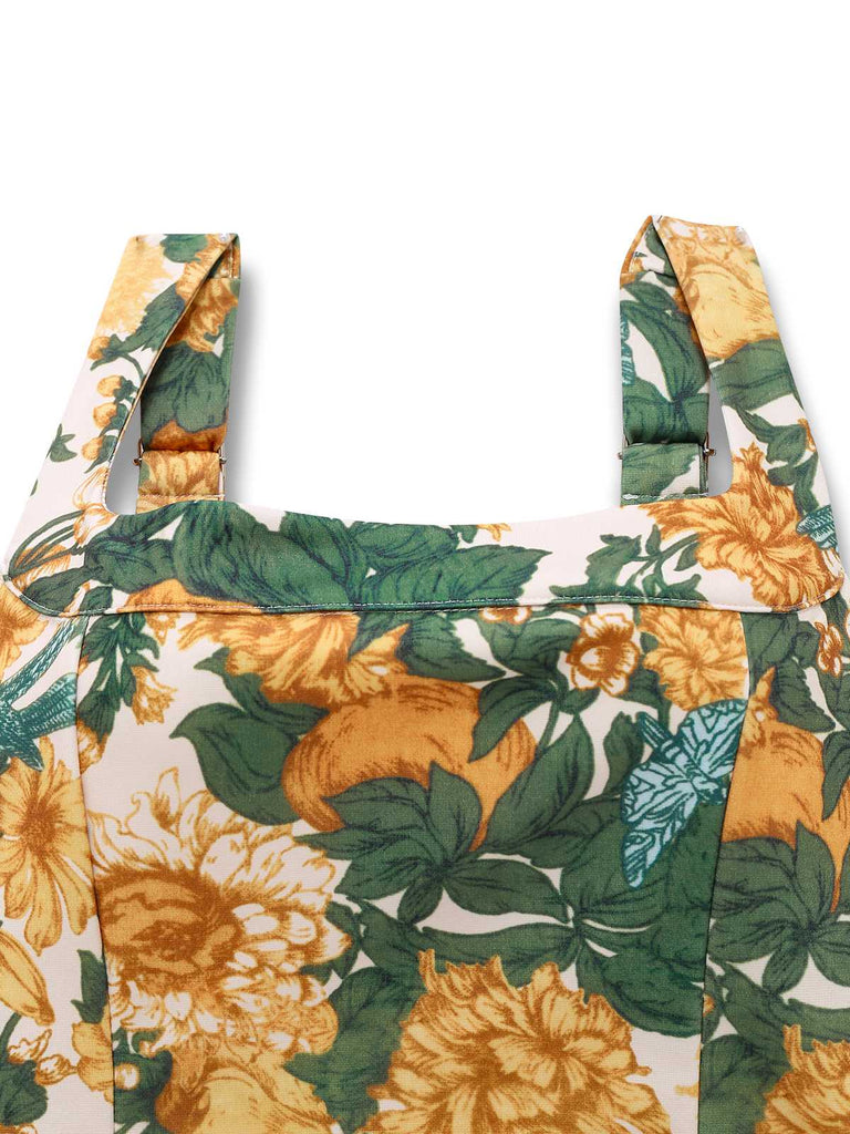 2PCS Yellow 1950s Floral Wide Strap Top & Mini Skirt - vintage skirt, retro style