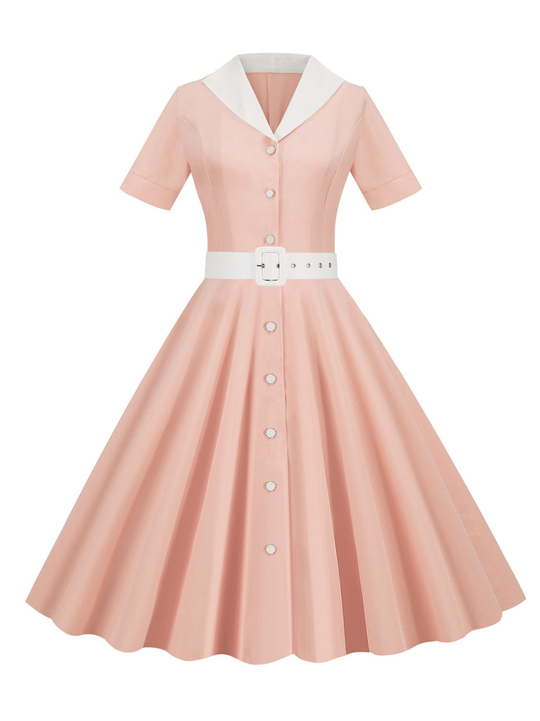 1950s Solid Contrast Lapel Belt Dress — a 1950s silhouette that turns sidewalks into runways
