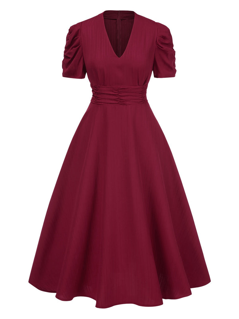 1950s Solid Empire Waist V-Neck Puff Sleeves Dress - vintage dress, retro fashion, rockabilly