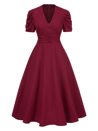 1950s Solid Empire Waist V-Neck Puff Sleeves Dress - vintage dress, retro fashion, rockabilly
