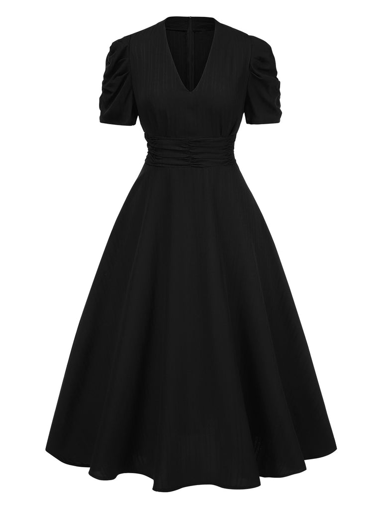 1950s Solid Empire Waist V-Neck Puff Sleeves Dress - vintage dress, retro fashion, rockabilly