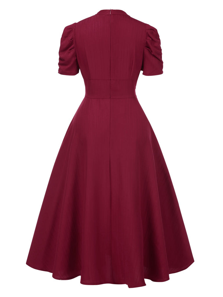 1950s Solid Empire Waist V-Neck Puff Sleeves Dress, vintage dress, retro fashion, rockabilly, pin-up fashion - perfect for women who love vintage and retro fashion