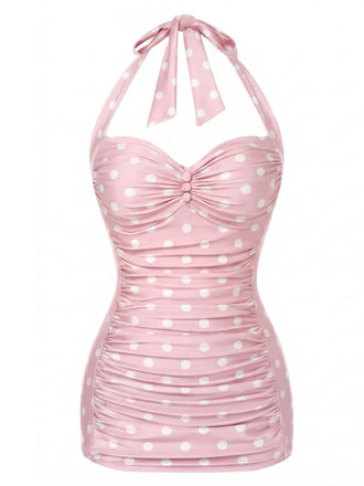 Red 1950s Solid Gathered Halter Swimsuit, vintage swimsuit, pin-up swimwear - perfect for women who love vintage and retro fashion