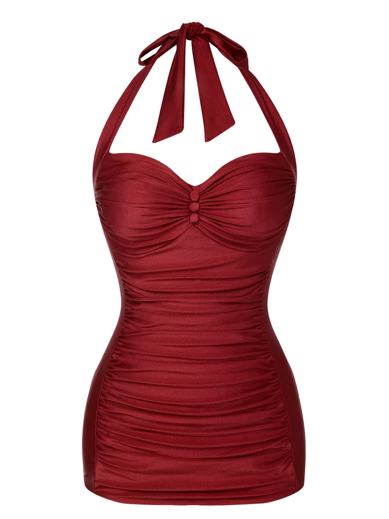 1950s Solid Gathered Halter Swimsuit - vintage swi