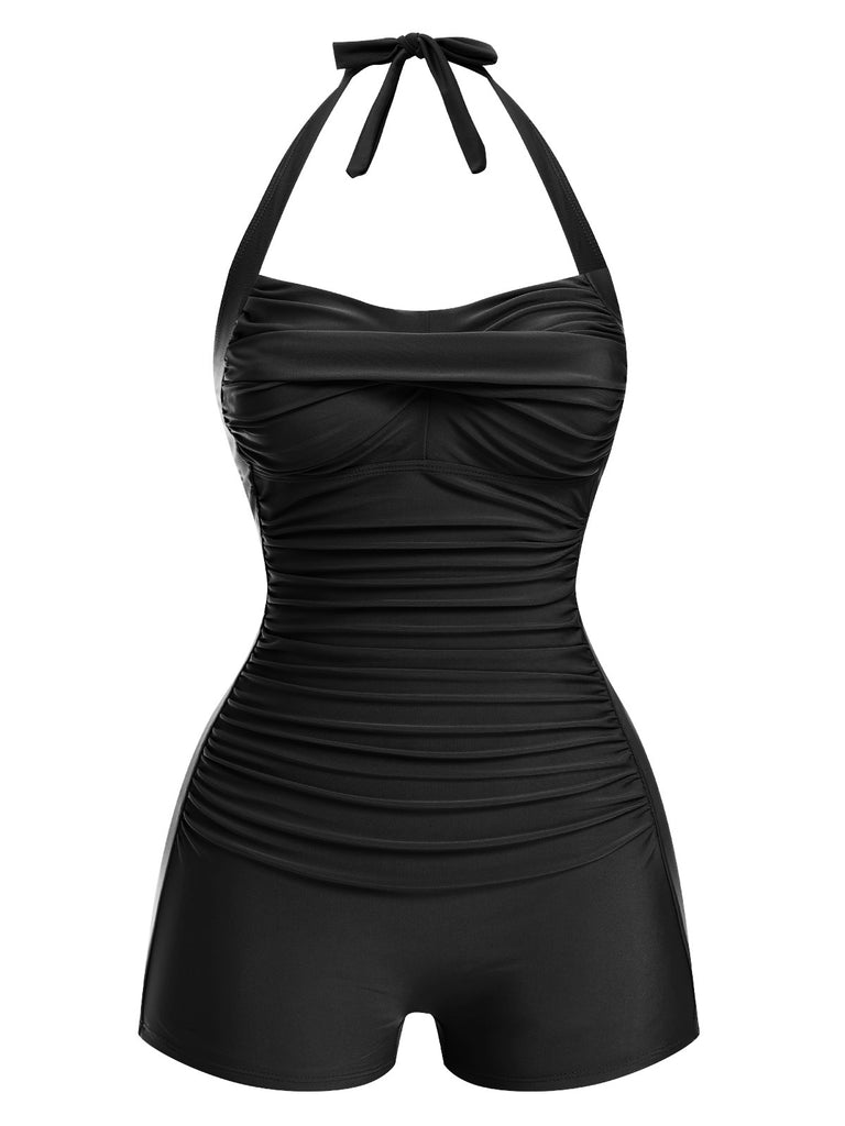 She's wearing 1950s Solid Halter Boxer One-Piece Swimsuit and the whole beach remembers the 1950s