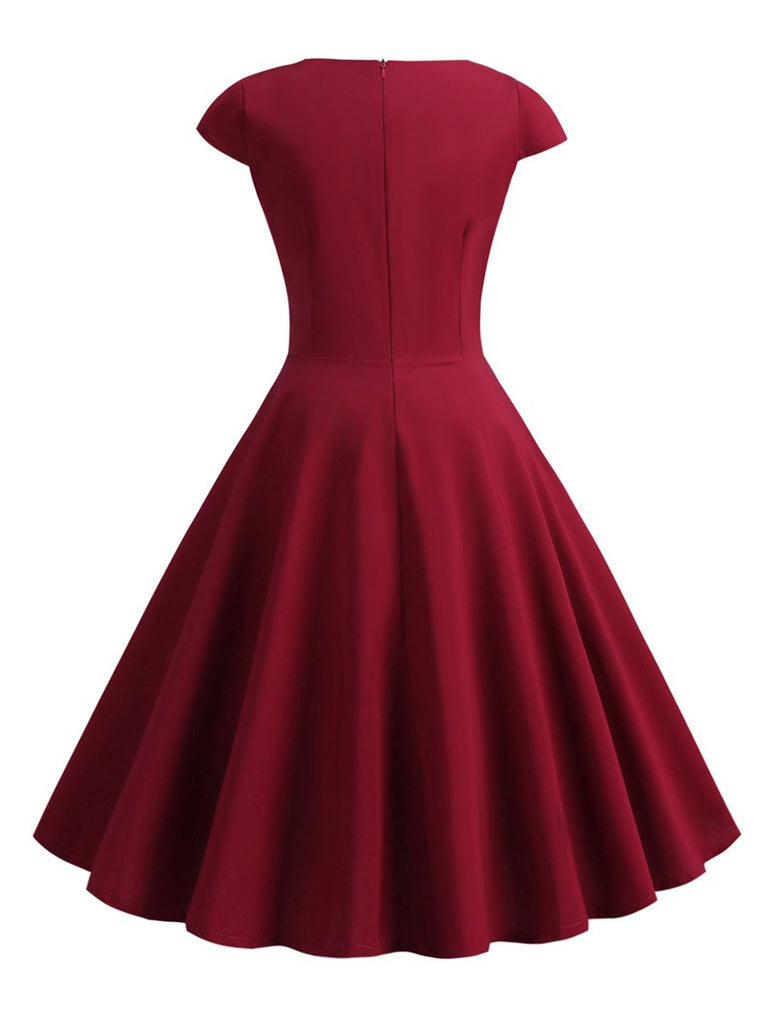 1950s Solid Heart Neck Short Sleeve Dress: where 1950s romance meets her modern spirit
