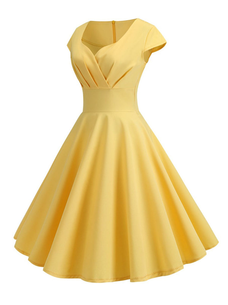 1950s Solid Heart Neck Short Sleeve Dress: where 1950s romance meets her modern spirit