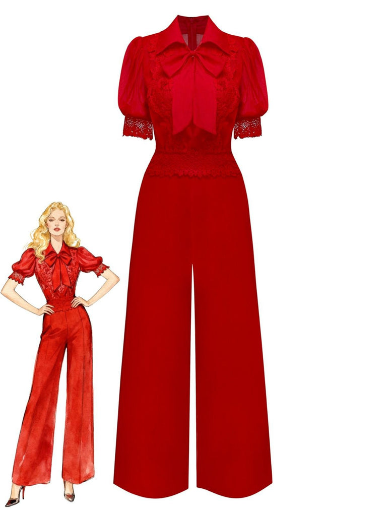 1950s Solid Lapel Floral Lace Tie Neck Jumpsuit - vintage jumpsuit, retro fashion