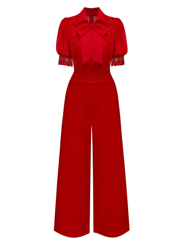 1950s Solid Lapel Floral Lace Tie Neck Jumpsuit - vintage jumpsuit, retro fashion