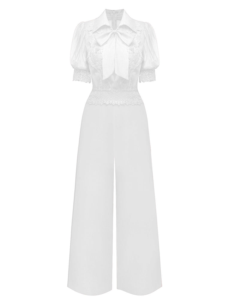 1950s Solid Lapel Floral Lace Tie Neck Jumpsuit - vintage jumpsuit, retro fashion