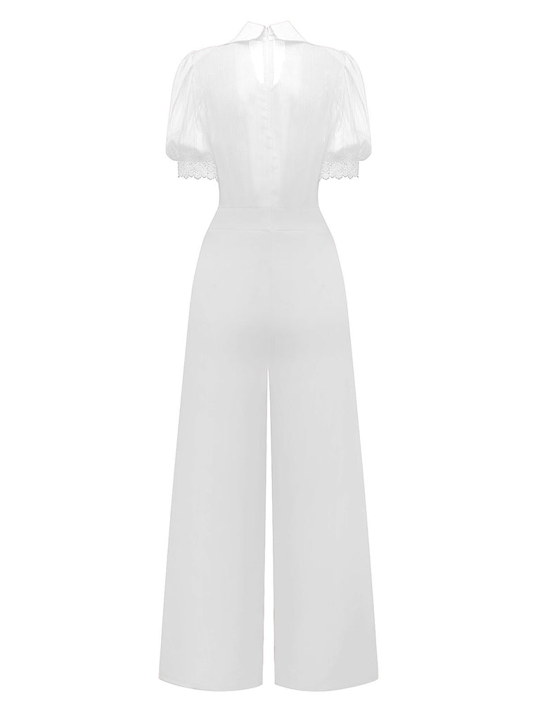 1950s Solid Lapel Floral Lace Tie Neck Jumpsuit - vintage jumpsuit, retro fashion