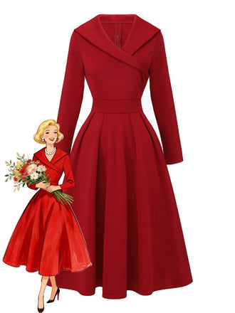 1950s Solid Lapel High Waist Swing Dress - vintage dress, retro fashion, rockabilly