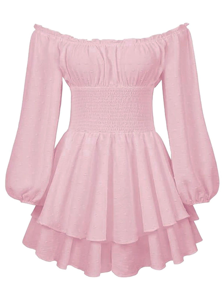 1950s Solid Off-Shoulder Long-Sleeve Smocked Mini Dress - vintage dress, retro fashion, elegant style for vintage lovers