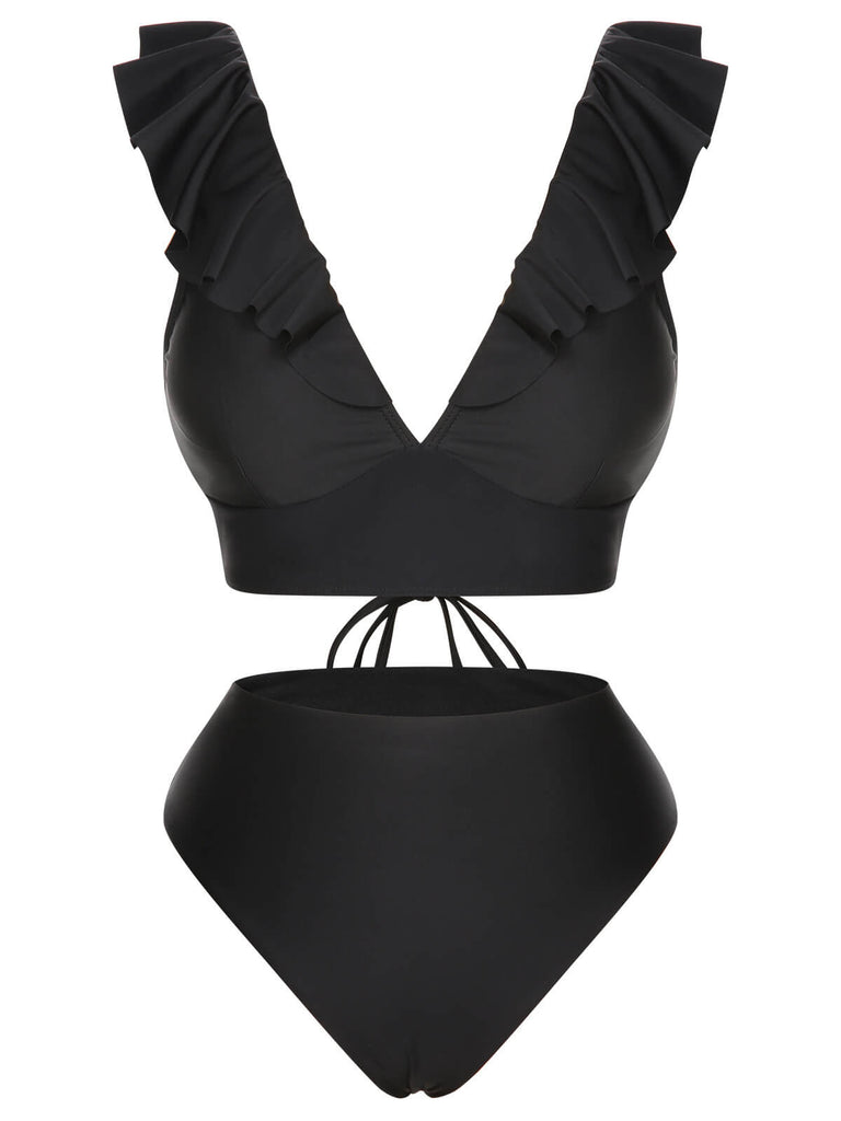 1950s Solid Ruffle Lace-Up V-Neck Swimsuit, vintage swimsuit, pin-up swimwear - perfect for women who love vintage and retro fashion