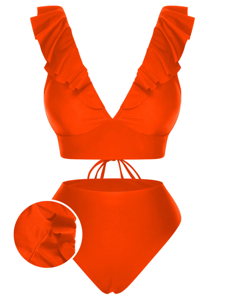 1950s Solid Ruffle Lace-Up V-Neck Swimsuit, vintage swimsuit, pin-up swimwear, retro beach style, women, elegant