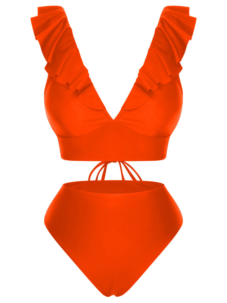 1950s Solid Ruffle Lace-Up V-Neck Swimsuit, vintage swimsuit, pin-up swimwear, retro beach style, women, elegant