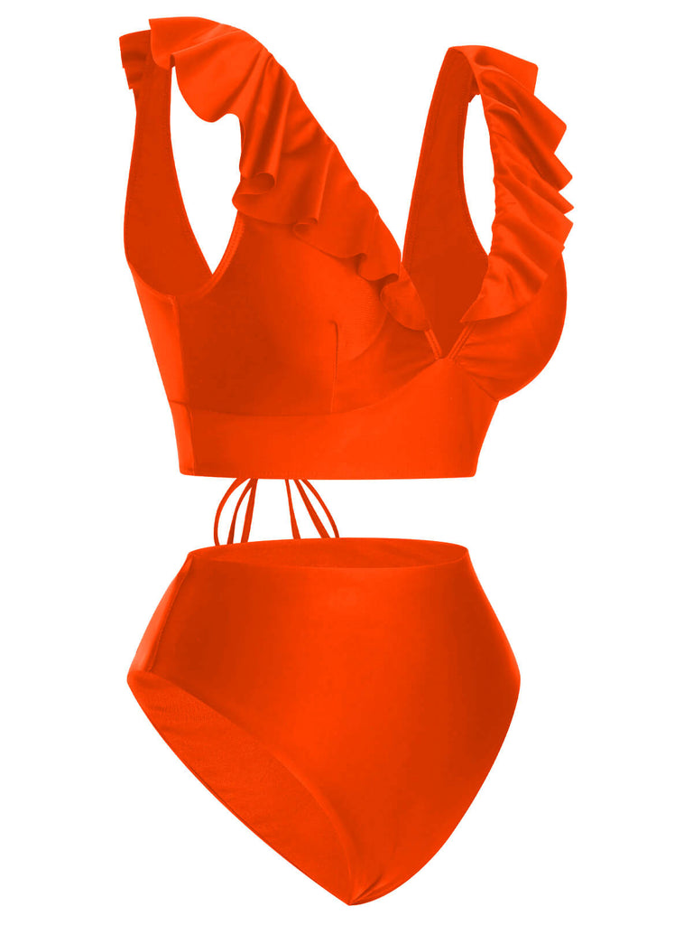 1950s Solid Ruffle Lace-Up V-Neck Swimsuit, vintage swimsuit, pin-up swimwear, retro beach style, women, elegant