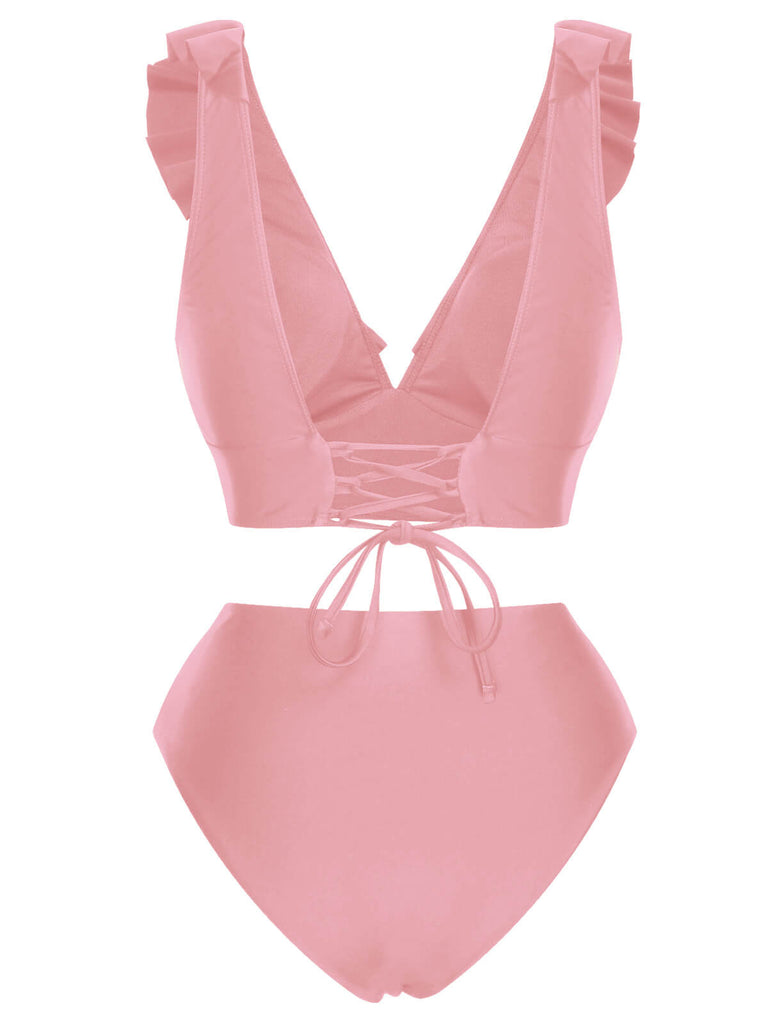 1950s Solid Ruffle Lace-Up V-Neck Swimsuit, vintage swimsuit, pin-up swimwear - perfect for women who love vintage and retro fashion