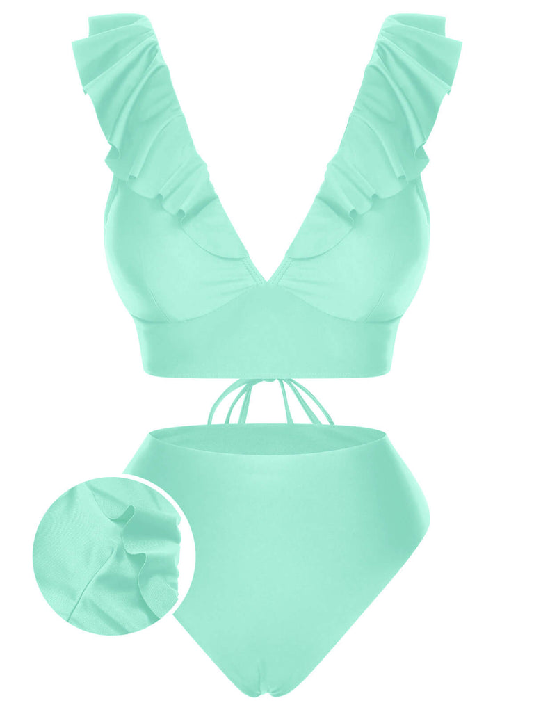 1950s Solid Ruffle Lace-Up V-Neck Swimsuit, vintage swimsuit, pin-up swimwear - perfect for women who love vintage and retro fashion