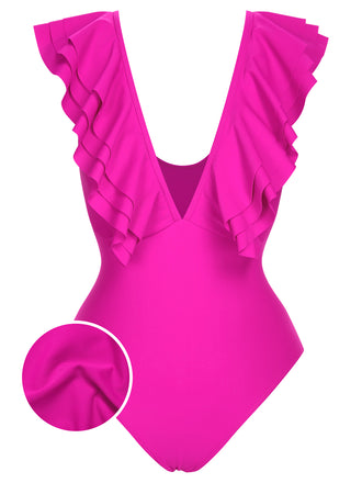 1950s Solid Ruffle V-Neck One-Piece Swimsuit, vintage swimsuit, pin-up swimwear - perfect for women who love vintage and retro fashion