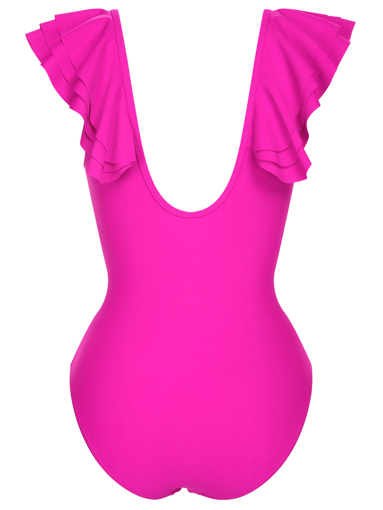 1950s Solid Ruffle V-Neck One-Piece Swimsuit, vintage swimsuit, pin-up swimwear - perfect for women who love vintage and retro fashion