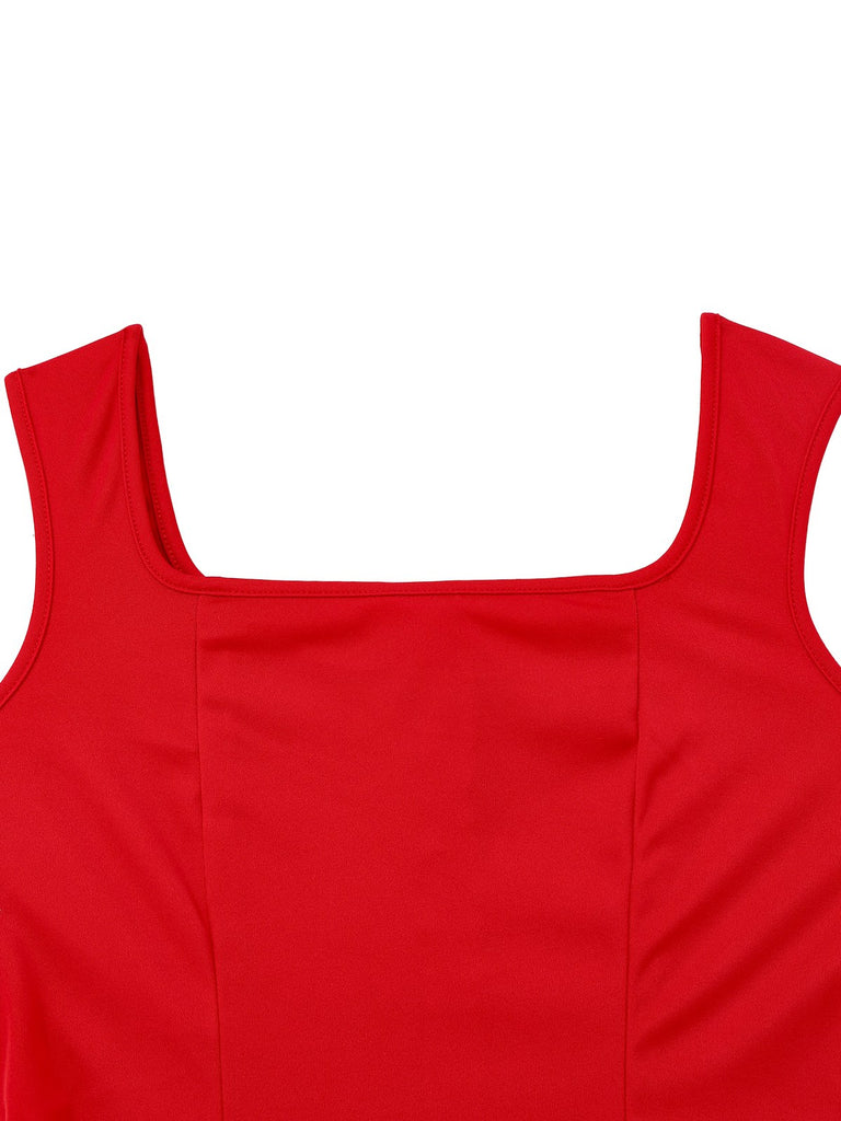 1950s Solid Square Neck Wide Strap Ruched Dress - vintage dress, retro fashion, rockabilly