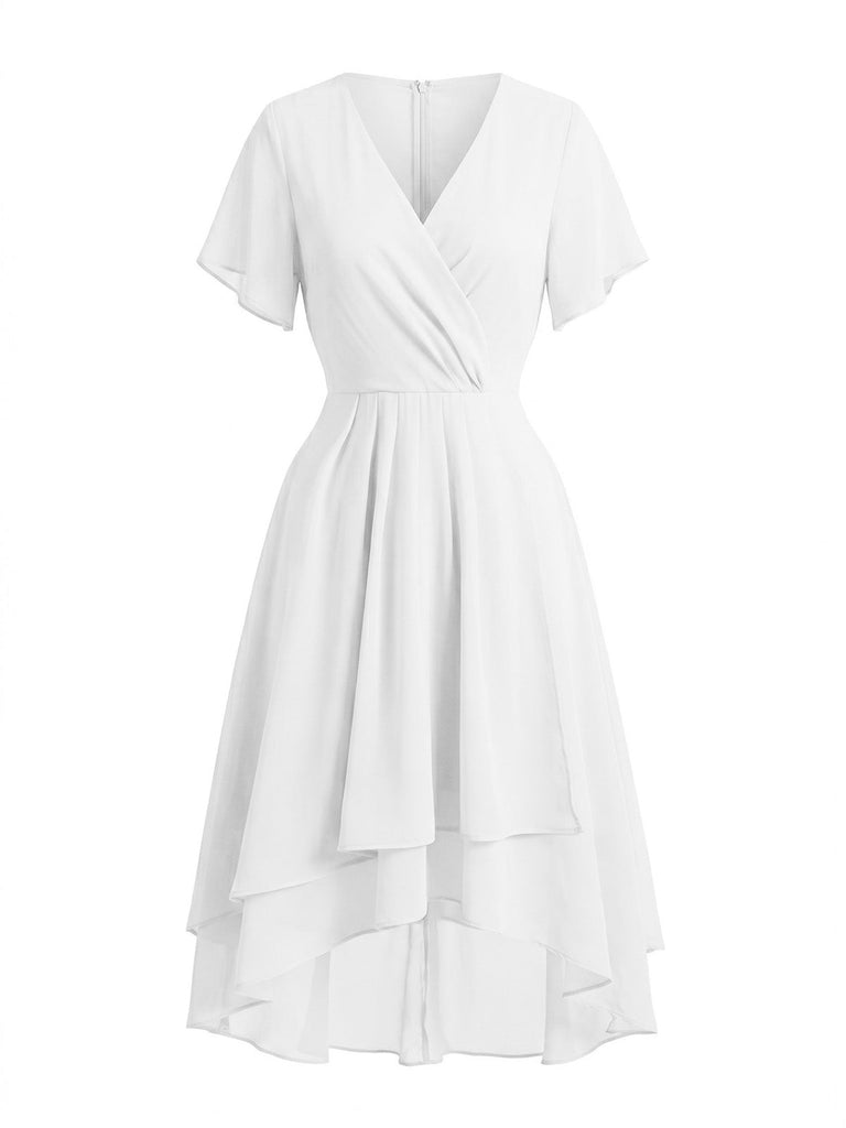 1950s-Solid-V-Neck-Ruffle-Sleeve-Chiffon-Asymmetrical-Dress, vintage, retro, dress