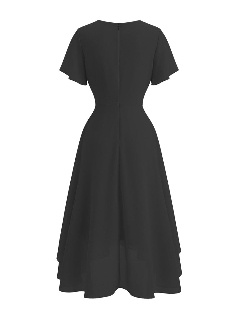 1950s-Solid-V-Neck-Ruffle-Sleeve-Chiffon-Asymmetrical-Dress, vintage, retro, dress