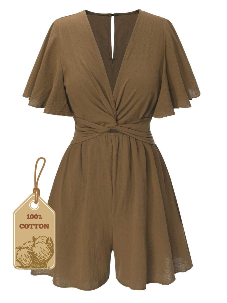 1950s Solid V-Neck Cotton Flounce Sleeve Romper - vintage jumpsuit, retro fashion