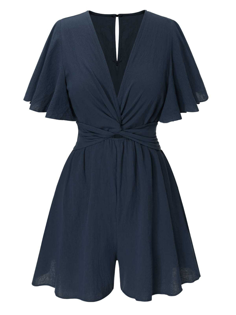 1950s Solid V-Neck Cotton Flounce Sleeve Romper — 1950s vintage charm for her modern wardrobe
