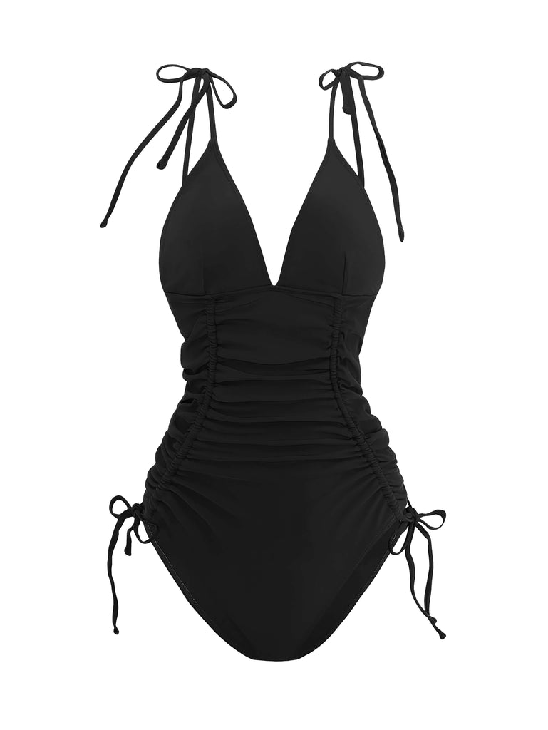 1950s Solid V-Neck Ruched One-Piece Swimsuit - vintage swimsuit, pin-up style