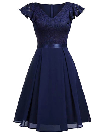 She slips into this 1950s Solid V-Neck Ruffle Sleeves Lace Dress and suddenly it's a 1950s daydream