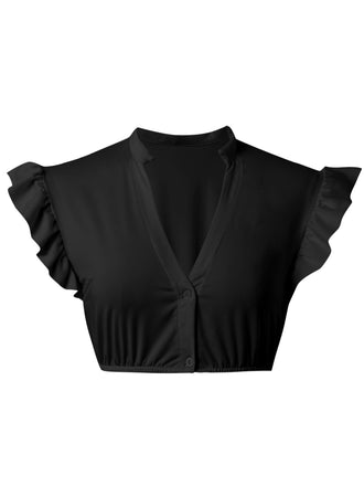 1950s Solid V-Neck Ruffled Sleeve Crop Top - vintage fashion, retro style