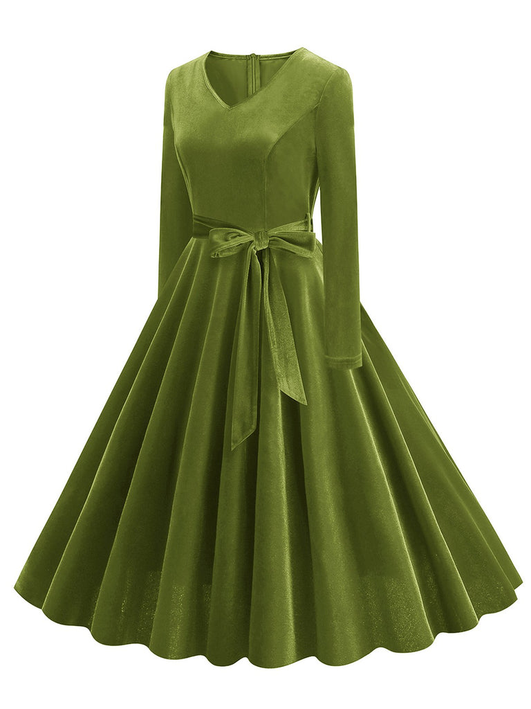 1950s Solid Velvet V-Neck Swing Dress: where 1950s romance meets her modern spirit
