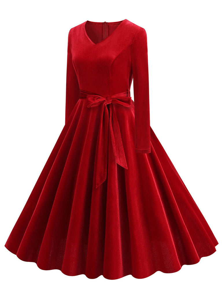 1950s Solid Velvet V-Neck Swing Dress: where 1950s romance meets her modern spirit