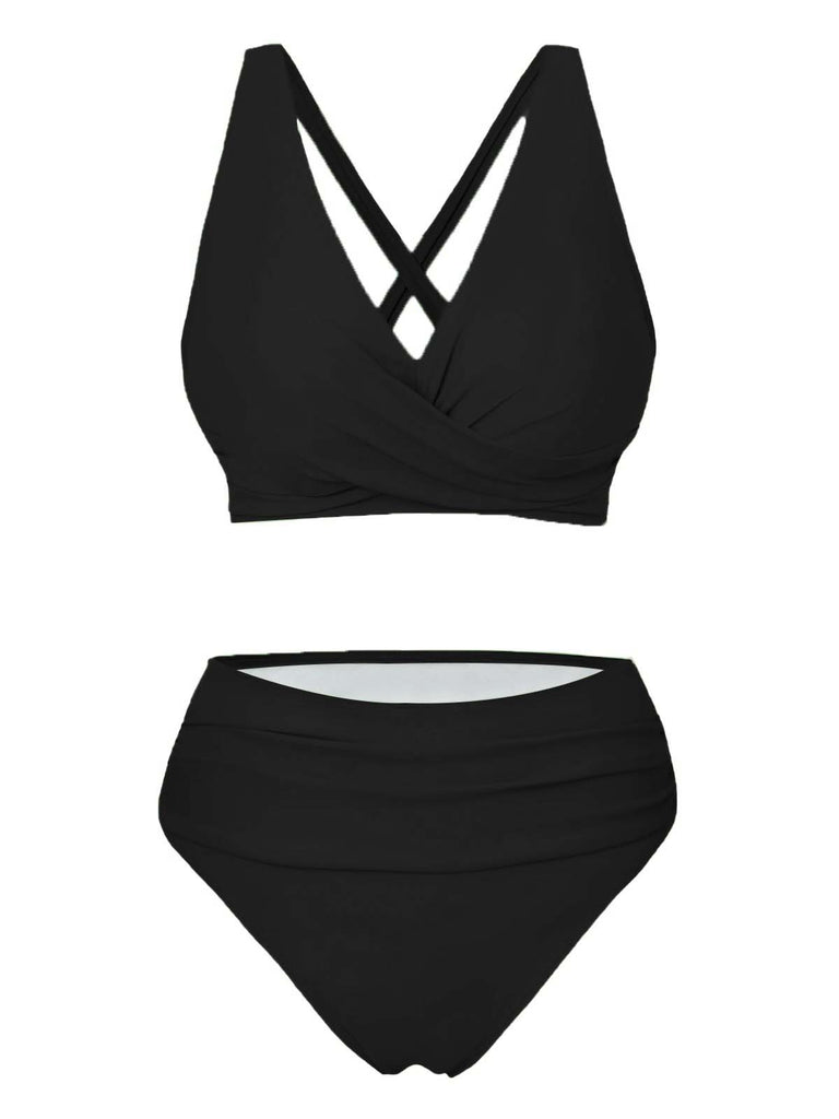 1950s Solid Wrap Crisscross High Waist Bikini Set - vintage swimwear, retro swimsuit, pin-up style for vintage lovers