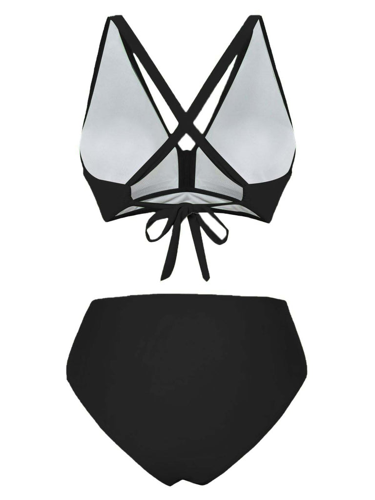 1950s Solid Wrap Crisscross High Waist Bikini Set: beautiful vintage swimwear, retro swimsuit, pin-up style with timeless appeal