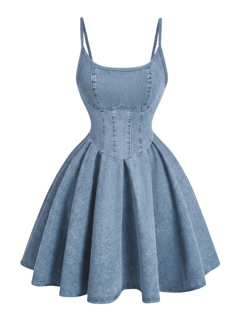 Blue 1950s Spaghetti Strap Corset Denim Dress, vintage dress, retro fashion, rockabilly, pin-up fashion - perfect for women who love vintage and retro fashion