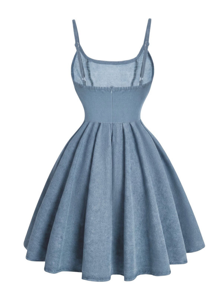 Blue 1950s Spaghetti Strap Corset Denim Dress, vintage dress, retro fashion, rockabilly, pin-up fashion - perfect for women who love vintage and retro fashion