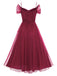 This 1950s Spaghetti Strap Off-Shoulder Mesh Dress wraps her in 1950s elegance, one twirl at a time