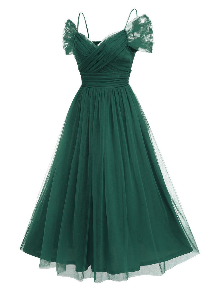 She slips into this 1950s Spaghetti Strap Off-Shoulder Mesh Dress and suddenly it's a 1950s daydream