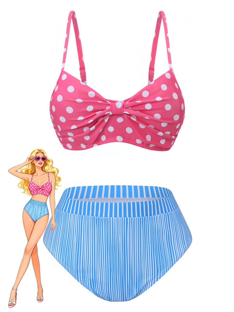 1950s Spaghetti Strap Polka Dot Striped Bow Bikini Set - vintage fashion, retro style