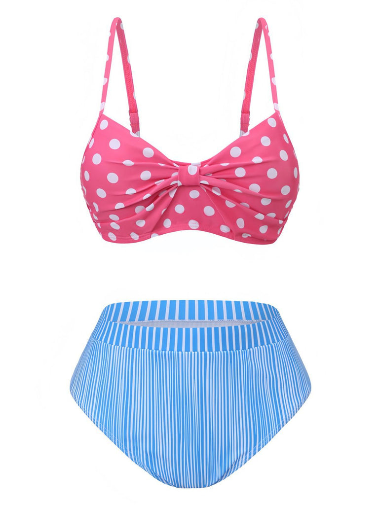 1950s Spaghetti Strap Polka Dot Striped Bow Bikini Set - vintage fashion, retro style