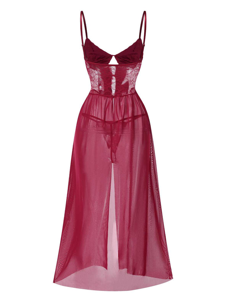 This 1950s Spaghetti Strap Sheer Lace Satin Bow Nightgown wraps her in 1950s elegance, one twirl at a time