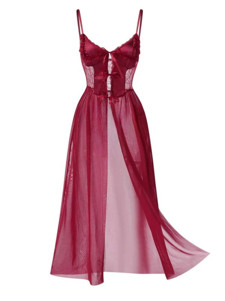 1950s Spaghetti Strap Sheer Lace Satin Bow Nightgown — the kind of 1950s dress that makes strangers smile