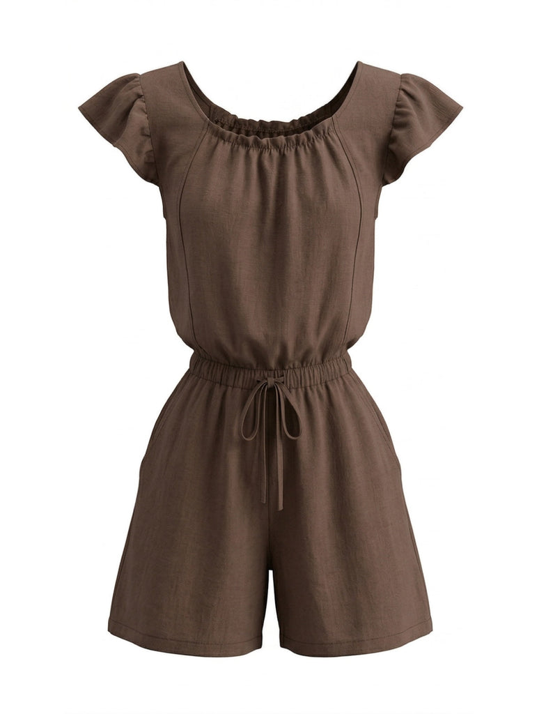 1950s Square Neck Ruffle Sleeve Drawstring Romper - vintage romper, retro jumpsuit for vintage lovers