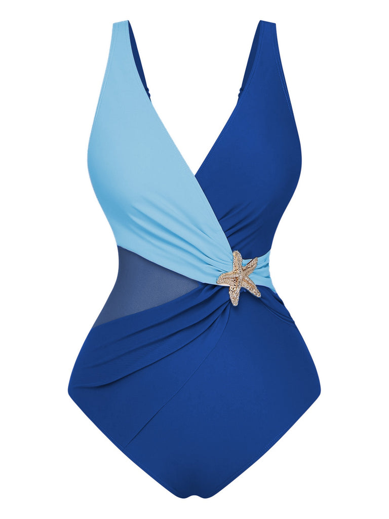 1950s Starfish V-Neck Tummy Control One-Piece Swimsuit: beautiful vintage swimwear, retro swimsuit, pin-up style with timeless appeal