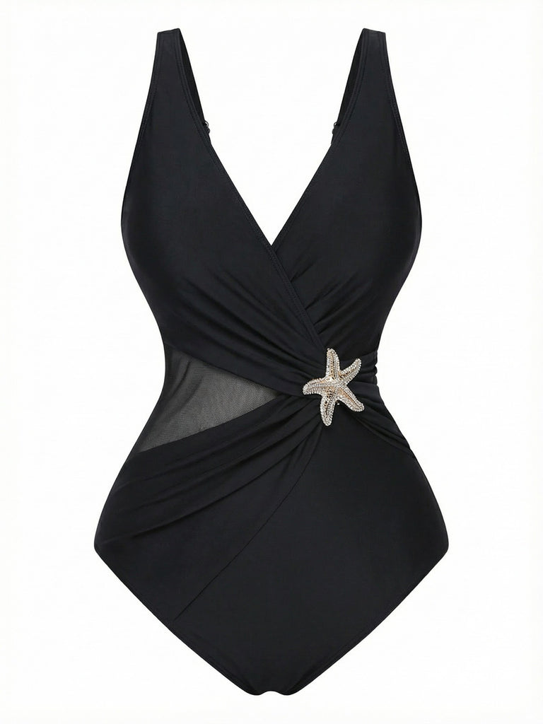1950s Starfish V-Neck Tummy Control One-Piece Swimsuit | vintage swimwear, retro swimsuit, pin-up style - perfect for retro fashion enthusiasts